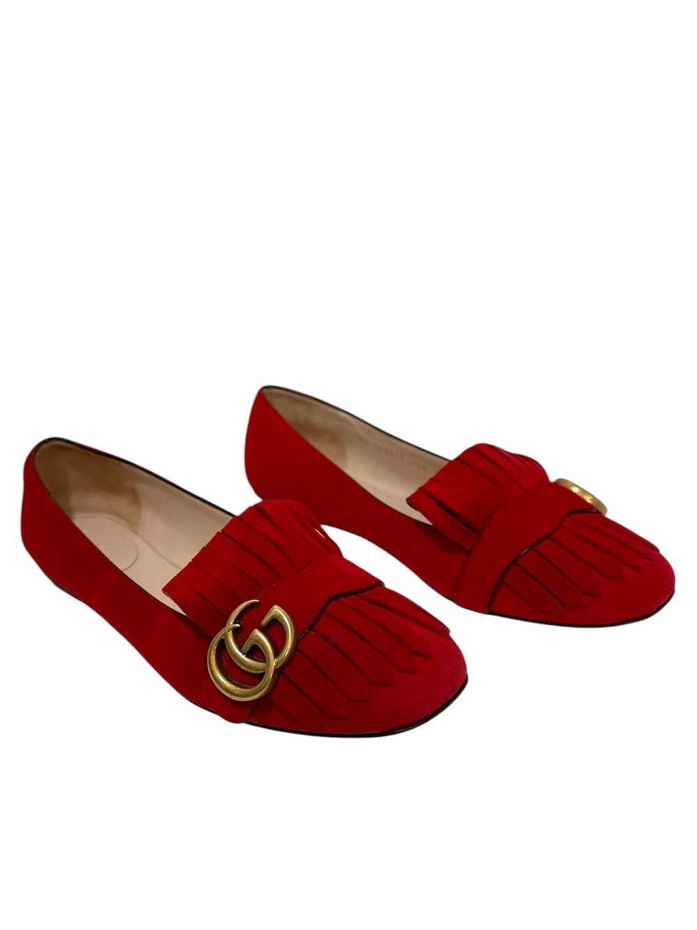 Gucci Red Suede GG Logo Marmont Kiltie Fringe Flats Loafers Size 40.5 US 10.5